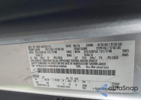 2017 Ford Transit-350 Xl from USA, damaged, VIN 1FBAX2CM8HKA14954